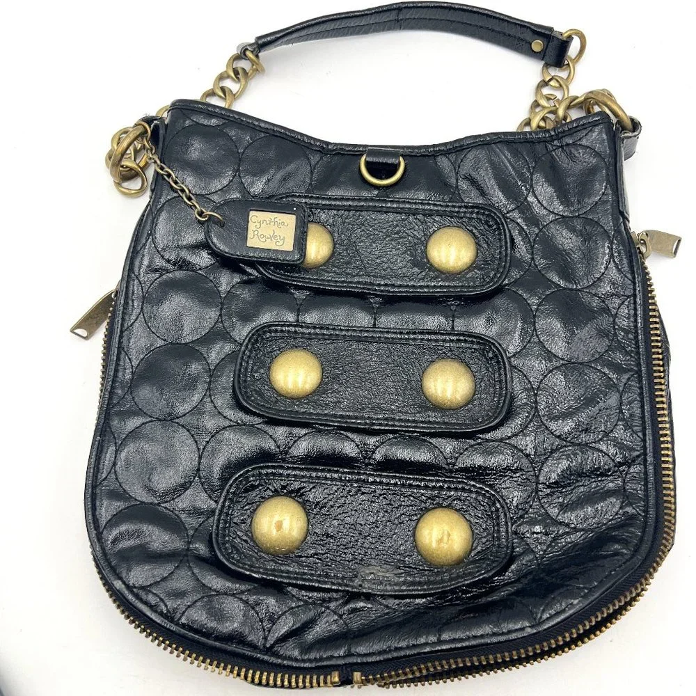 Cynthia Rowley Hobo Black Patent Style Leather‎ Tote Shoulder Bag Metal Hardware
